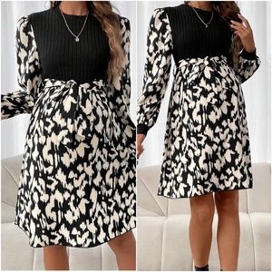 Maternity leopard Print Belted Long sleeve Dress